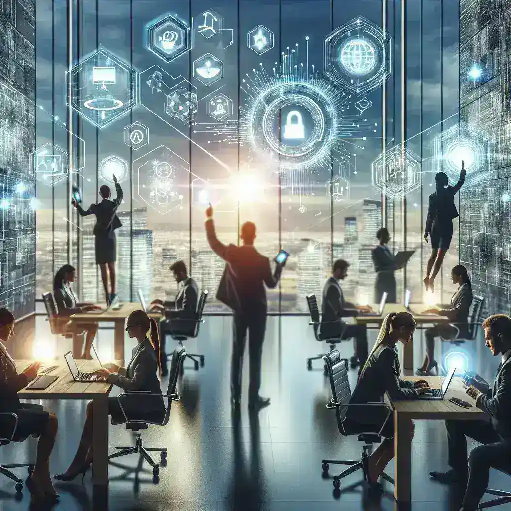 "Salesforce AI-powered internal knowledge assistant showcased in a U.S. company workplace, enhancing employee productivity and collaboration."