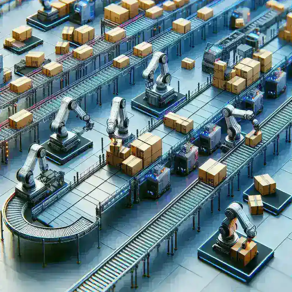 "AI-powered robotic loaders at a UPS shipping hub, revolutionizing logistics efficiency and automation in U.S. delivery services."
