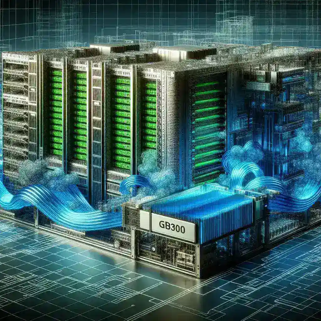"GB300 liquid cooling system integrated into NVL72 rack-scale design, showcasing advanced technology for efficient thermal management in data centers"