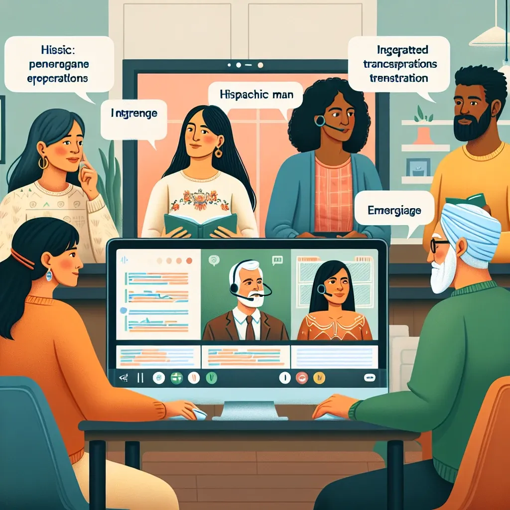 "Zoom interface displaying integrated transcription feature for Spanish-language meetings, highlighting real-time text conversion of spoken dialogue."